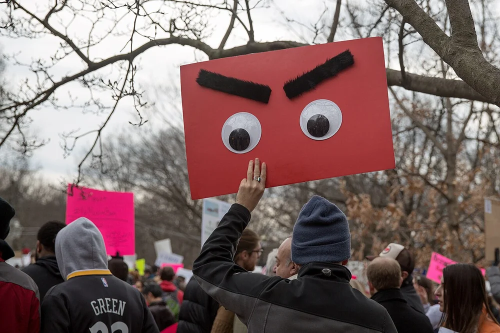 angry facial expression photo — Angry Googly Eyes sign (the whole world is watching on the other side), Lafayett