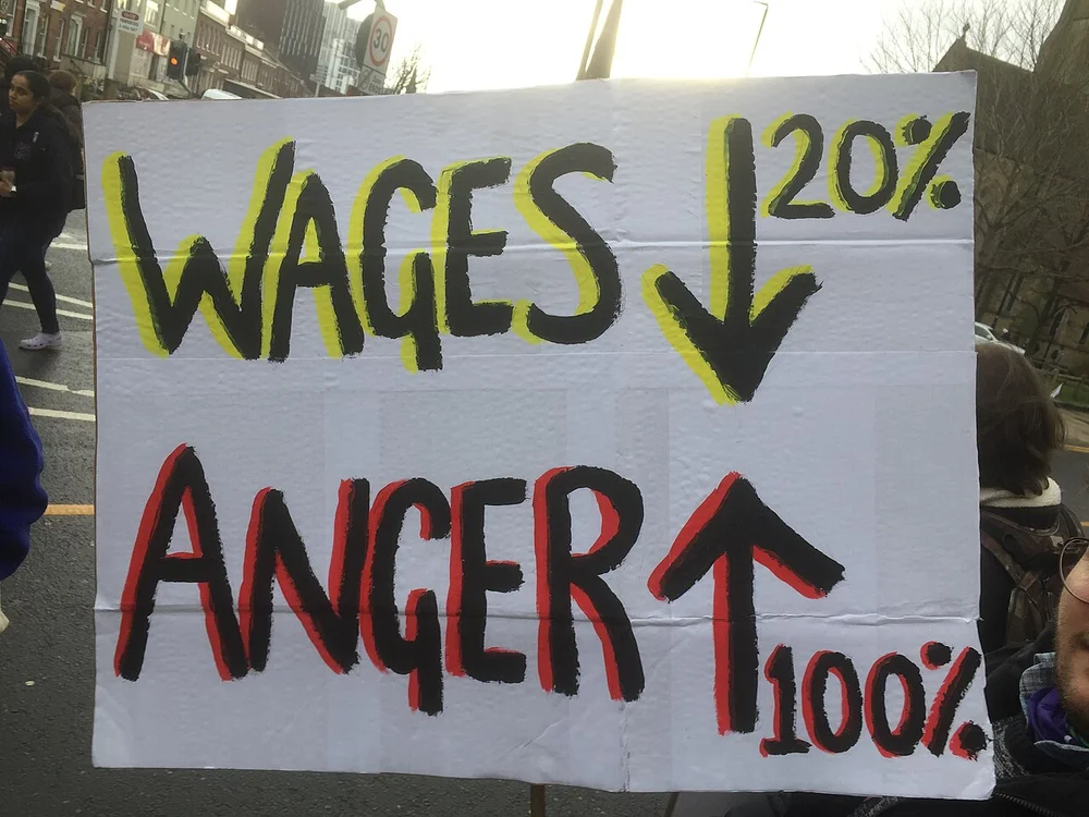 angry facial expression photo — UCU and Unison strike placard (wages down 20 per cent)